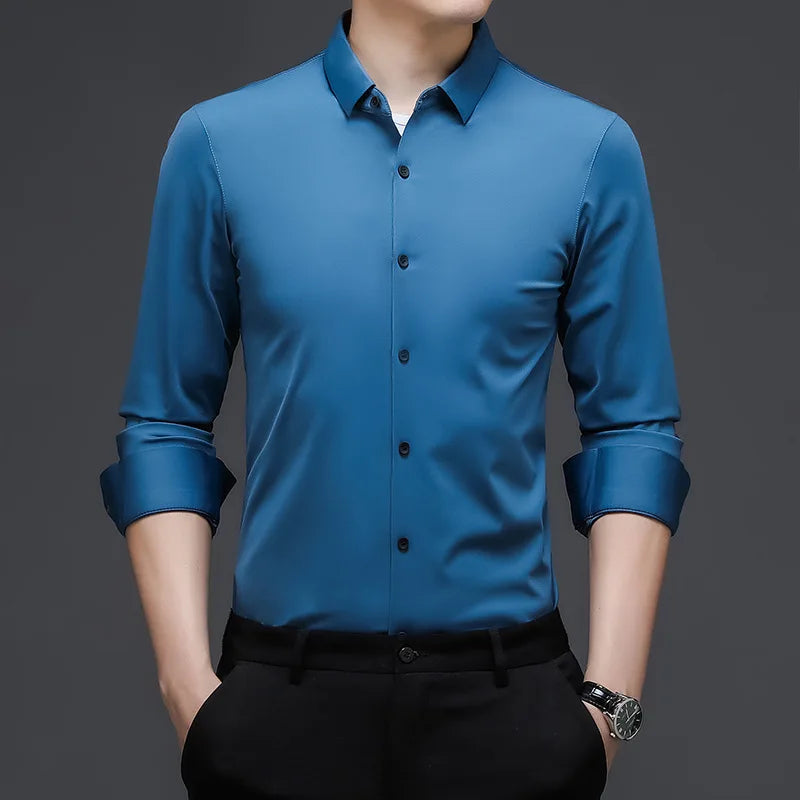 Men's Casual Fashion Business Solid Color Long Sleeved Shirt