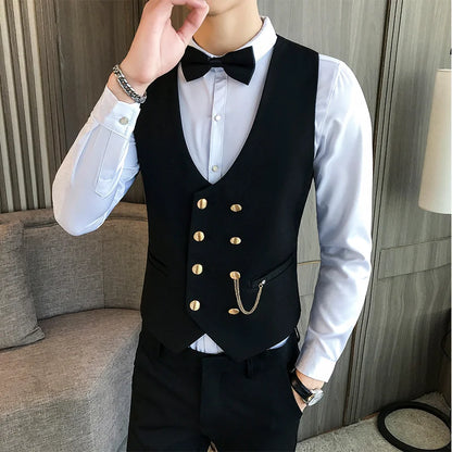 2025 Latest Style Double Breasted Men Suit Vest Gold Button Slim Fit Formal Groom Wedding Vest Streetwear Sleeveless Vest Jacket