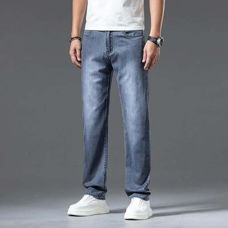 2024 spring and summer new styles Men's baggy jeans light blue Stylish thin lyocell stretch jeans