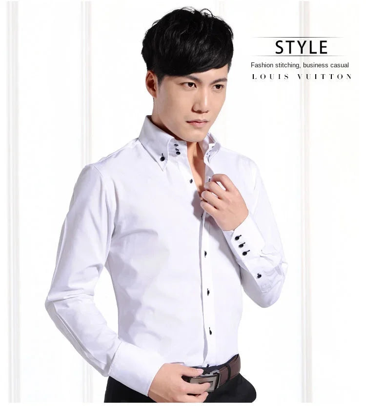 Premium Quality White Shirts for Men - Non-iron Wrinkle Resistant Dress Shirt Long Sleeve New Solid Male Clothing Black Navy