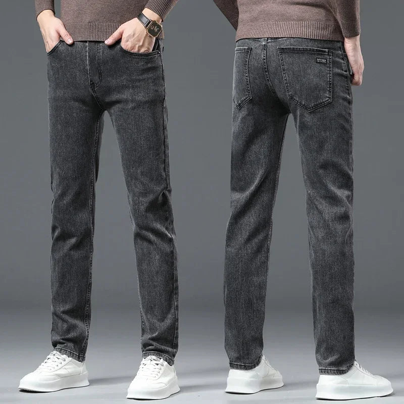 New Men's Stretch Grey Jeans Classic Slim Business Fashion Black Elasticity Denim Pants Male Brand Casual Trousers