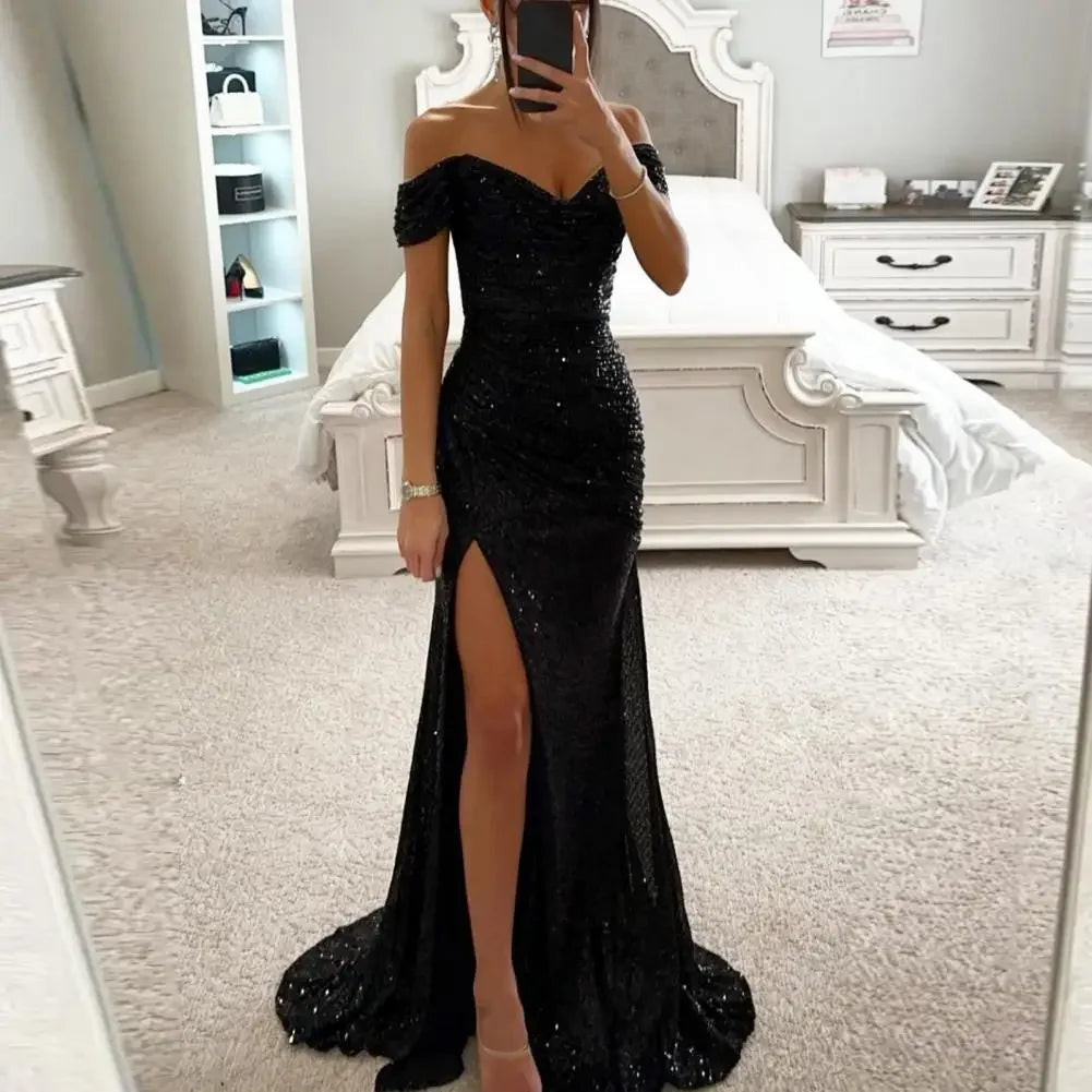 Summer Dress SkinnySequin Pleated Split Maxi Bodycon Dress Slim Fit Off Shoulder Evening Party Prom Dress Birthday Clubwear