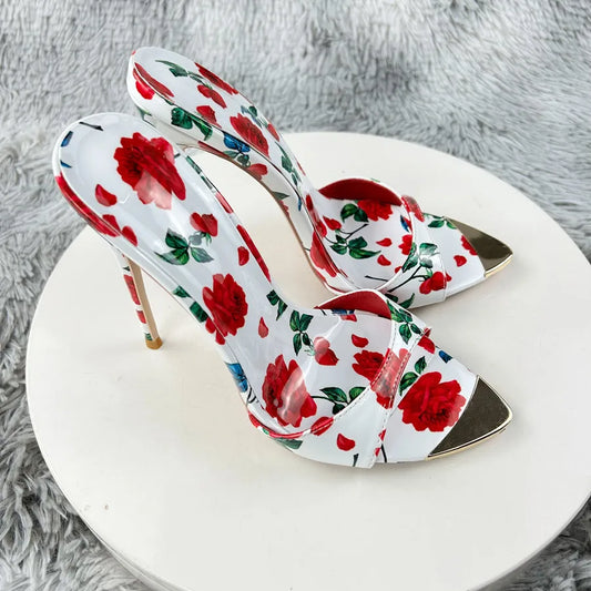 Sexy and fashionable printed slippers Shoes For Women's Sandals Summer Sexy Slippers Pointe Toe Thin Heels Stiletto Sandals12cm