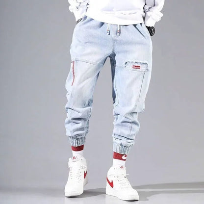 Trendy Joggers Men Cargo Pants with Light Denim Cargo Pocket HIP HOP Black Loose Haren Cropped Jeans Pants for Men S-4XL 5XL