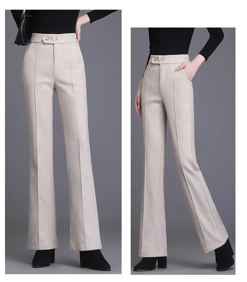 2024 Autumn Winter Women's Woolen Pants New Fashion High Waist Elastic Micro Flare Pants Slim Female Casual Wool Trousers 4XL