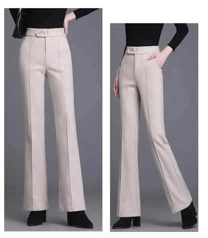 2024 Autumn Winter Women's Woolen Pants New Fashion High Waist Elastic Micro Flare Pants Slim Female Casual Wool Trousers 4XL