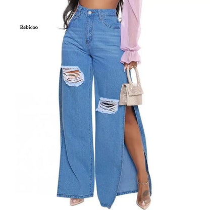 Blue Sexy Hole Jeans Women Stretch Split Wide Leg Denim Flare Long Pants Spring Autumn New High Street Ladies Fashion Club