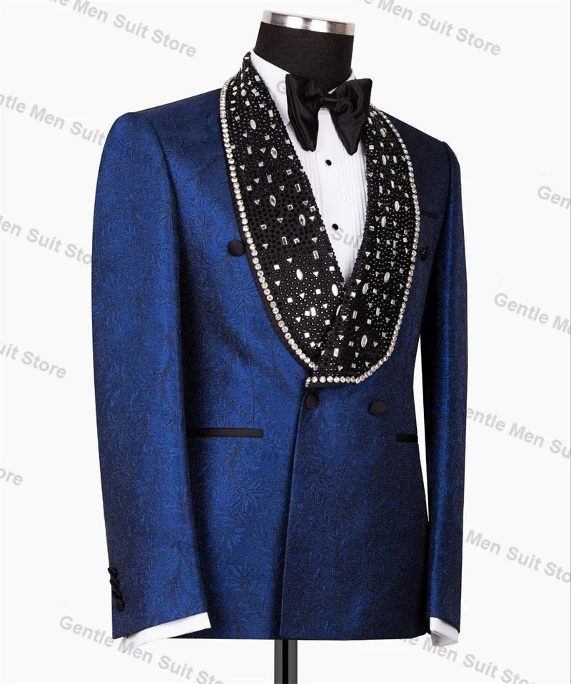 Blue Jacquard Crystals Men Suits 2 Piece Blazer+Black Trousers Wedding Tuxedo Male Prom Coat Customized Formal Office Jacket