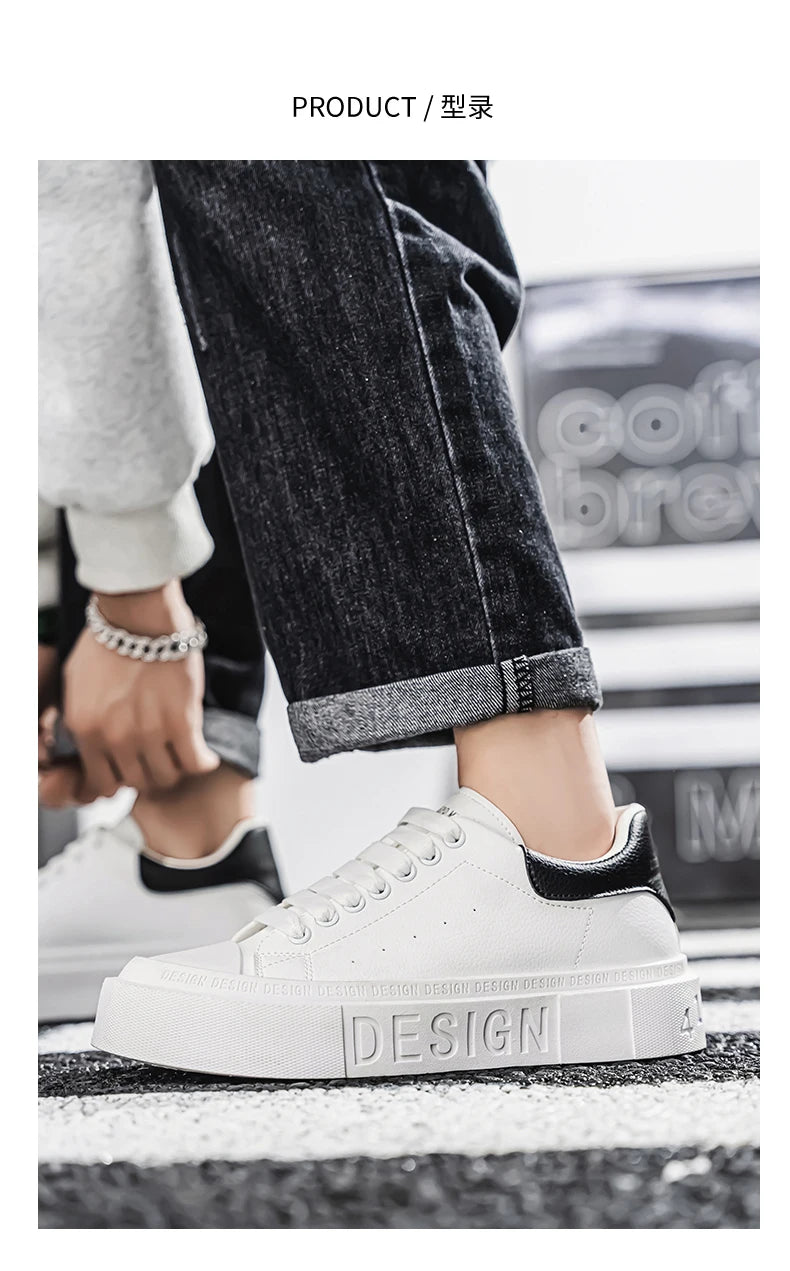 HKDQ Fashion Design White Sneakers Men Comfortable Leather Low-cut Platform Sneakers Men Trend Casual Lace-up Men's Skate Shoes