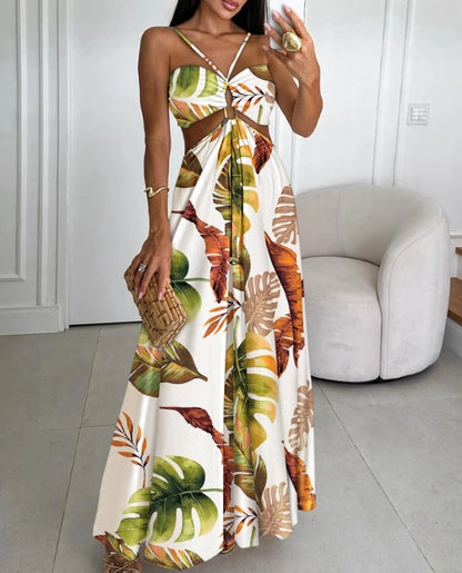 New Fashion 2024 Summer Casual Tropical Print Backless Maxi Dress Sexy Elegant Dresses Women Vacation Female Clothing Outfits