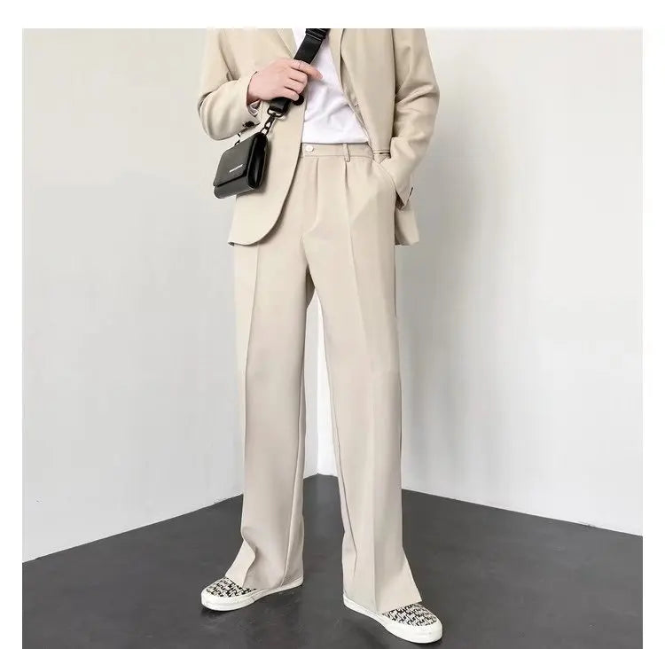 New Men Suit Pants Korean Casual Pant Neutral Solid Fashion Design Wide Leg Business Comfortable Trousers Straight  Streetwear