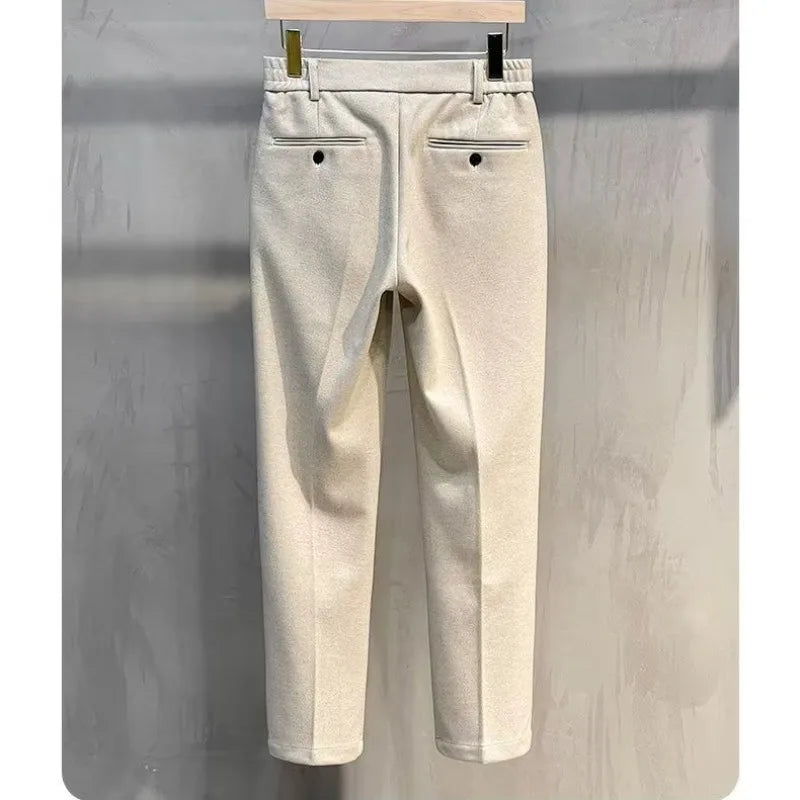 Men's Elastic Button Zipper Ruched Pockets Spliced Straight Slim Business Casual Spring Autumn Winter Solid Color Woolen Pants