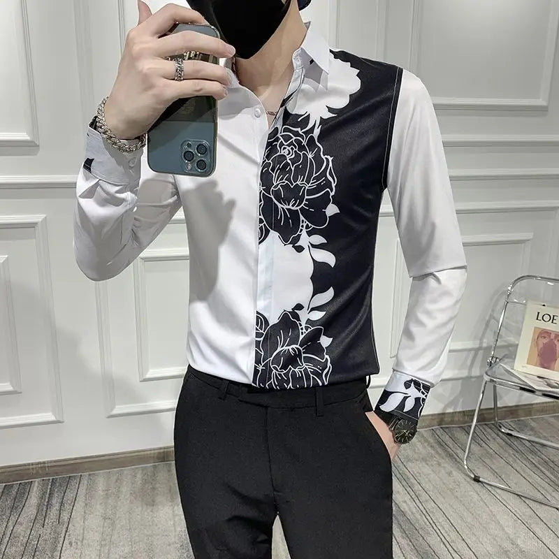 Spring Autumn New Blouse Men's Turn-down Collar Floral Printing Single Breasted Long Sleeve Shirt Fashion Casual Men's Clothing