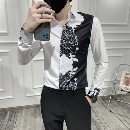 Spring Autumn New Blouse Men's Turn-down Collar Floral Printing Single Breasted Long Sleeve Shirt Fashion Casual Men's Clothing