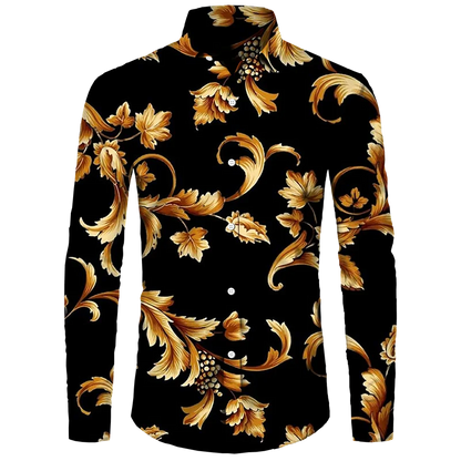 Golden Flower Pattern Print Men's Shirts Casual Single-Breasted Cardigan Long Sleeve Shirt Fashion Trend Tops Men Clothing