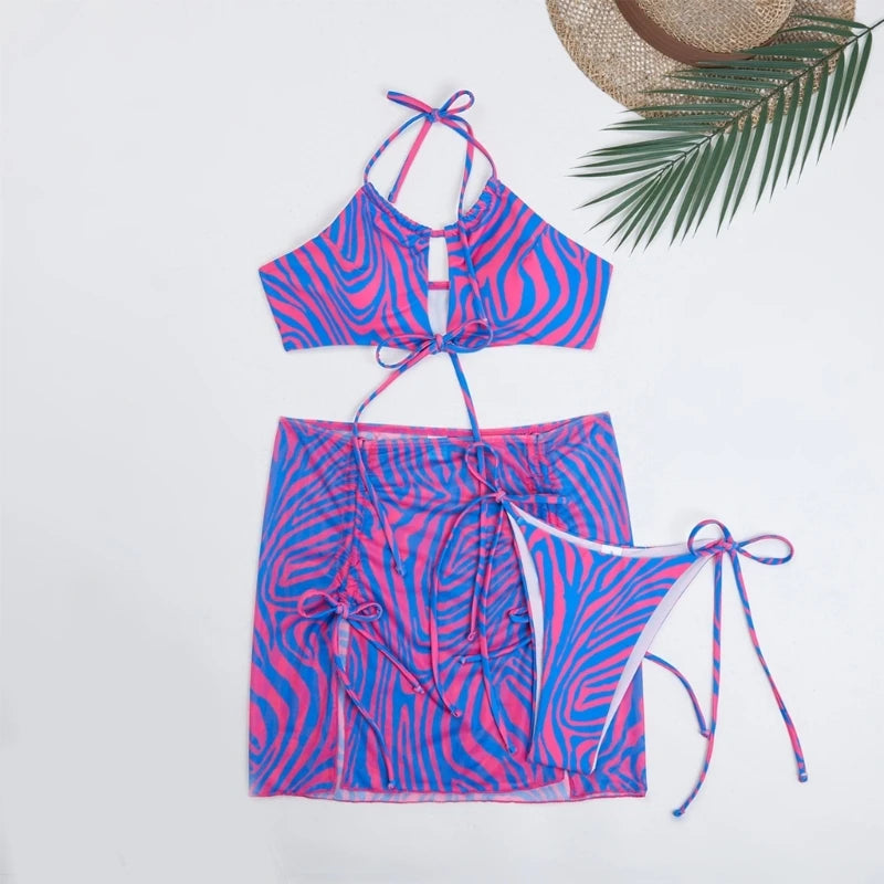 Women Sexy Hollow Out Swimsuit with Beach Skirt Three Pieces Stripe Print Split Bathing Suit Lady String Halter Neck Bikinis Set