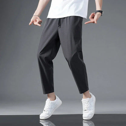 125KG Big Size Summer Ice Silk Crop Pants Men's Elastic Casual Edition Trendy Loose and Quick Drying Sports Large Crop Pants