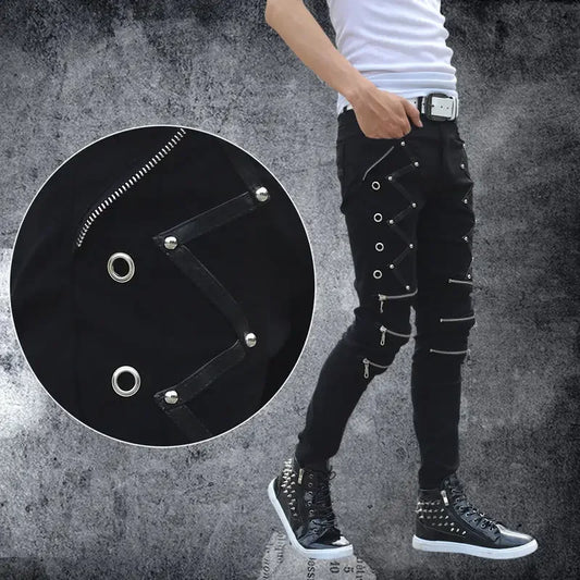 Motorcycle Denim Pants Men's Black Jeans Fashion Stretch Zipper Skinny Jeans Leather Moto Biker Men Slim Pants Hot Selling