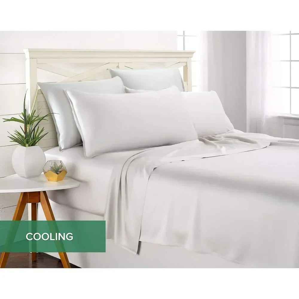 Genuine 100% Organic Viscose Derived from Bamboo Bed Sheet Set, Luxuriously Soft & Cooling, Double Stitching