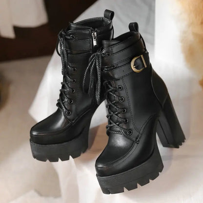 Fashion Platform Women Boots Square High Heel Ankle Boots Lace Up Zipper Motorcycle boots Autumn Winter Plush Ladies Shoes