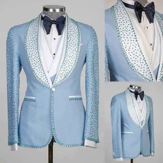 Smart Groom Wear Wedding Tuxedos Blue Crystal Mens Prom Blazer Tailored Formal Party Men Skinny 2 Piece Jacket Vest