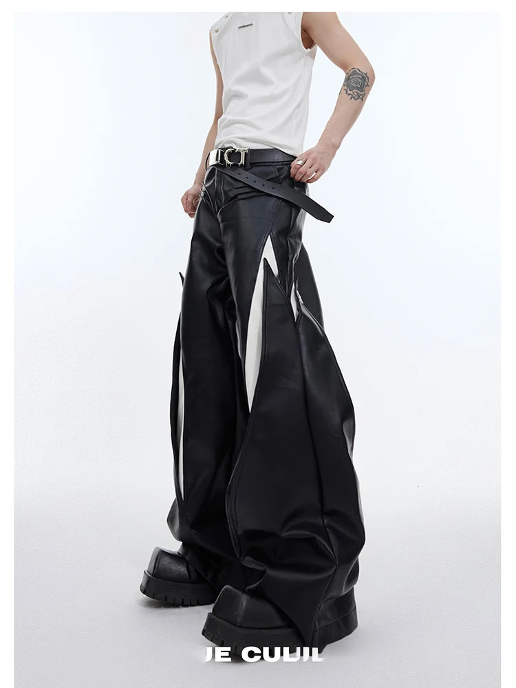 Mauroicardi Spring Autumn Cool Long Loose Casual White and Black Patchwork Pu Leather Pants Men Wide Leg Trousers Fashions 2024