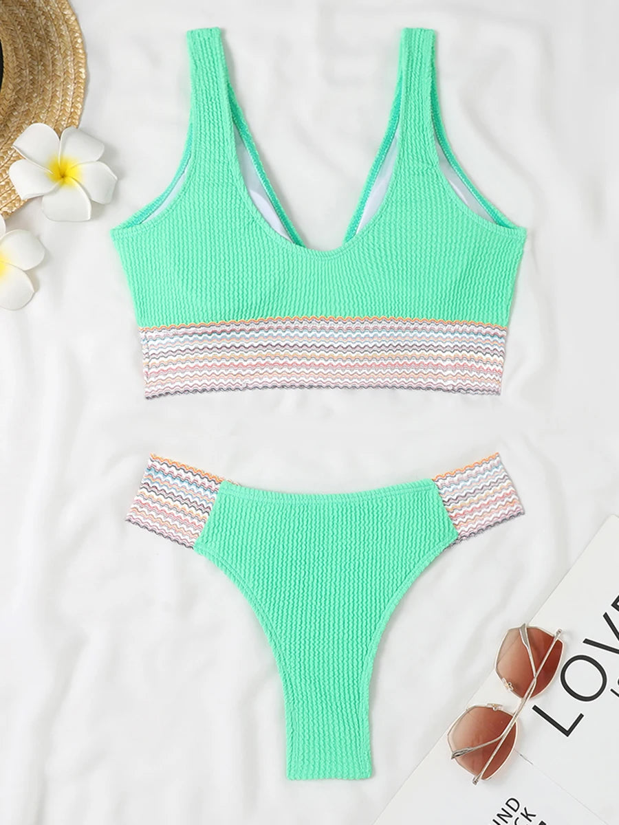 2024 Sporty Deep V Bikini Ribbed Swimsuit Solid Women Sexy Swimwear Female Bathers Bathing Swimming Swim Suit Beachwear