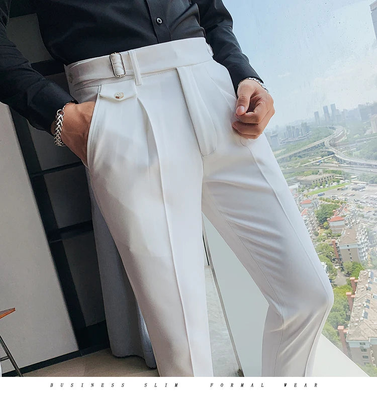 British Style New Solid High Waist Suit Pant Men Business Formal Wear Trousers 2024 High Quality Slim Casual Office Suit Pants