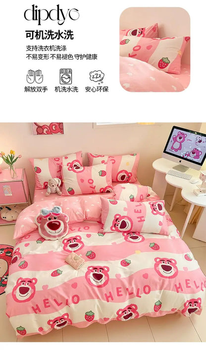 Toy Story Lotso Buzz Lightyear Alien Mickey Stitch Pooh Bear Fun Cartoon Printed Cotton Sheets and Quilt Covers Three Piece Set