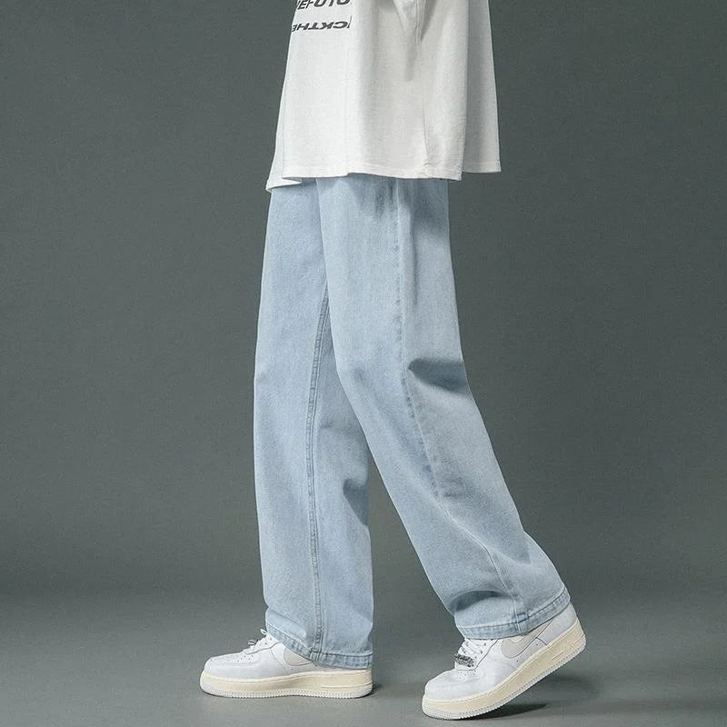 Korean Men's Casual Hip Hop Long Baggy Jeans Classic Man Straight Wide Leg Denim Pants Light Blue Grey Black Streetwear Trousers