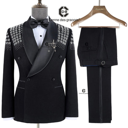 Cenne Des Graoom 2024 Blue Elegant Men's Suits Double-Breasted Jewelry Ornament Handmade Tuxedo Pants for Wedding Groom Party