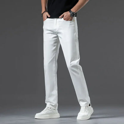 2024 New Summer Thin Men's Straight Denim Cotton Stretch Creamy-white Jeans Classic Business Pants Fashion Trousers Male Brand