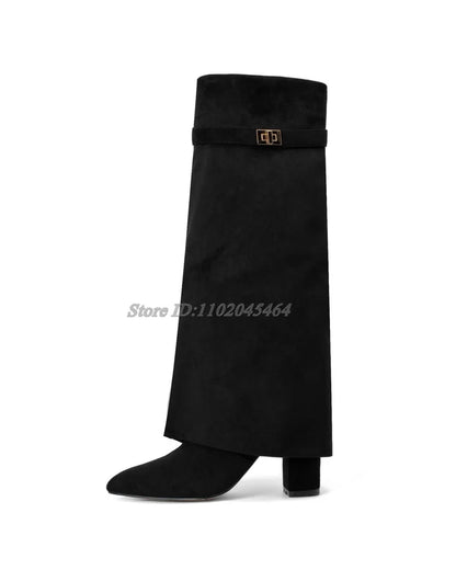 Women's Suede Leather Chunky Heel Shark Boots Pointed Toe Metal Buckled High Heels Knee High Boot Luxury Designer Sexy Shoes