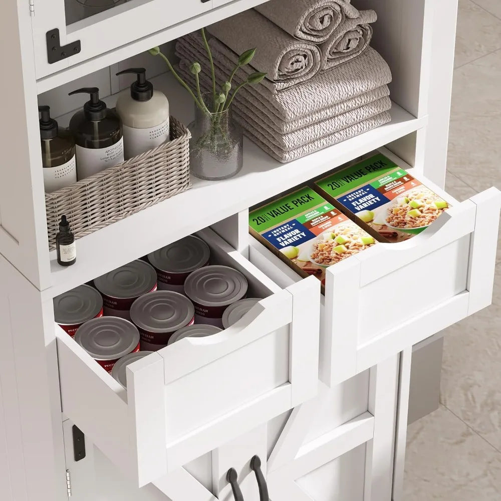 67" Tall Bathroom Storage Cabinet, Freestanding Linen Cabinet with Glass Doors & Drawer, Large Bathroom Pantry