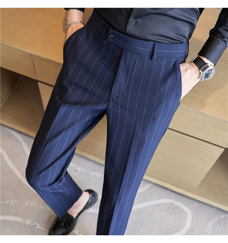 Men's Striped Suit Pants Elastic 2024 Autumn New Social Casual Trousers Slim Fit Suit Pants Business Office Wedding Men Clothing