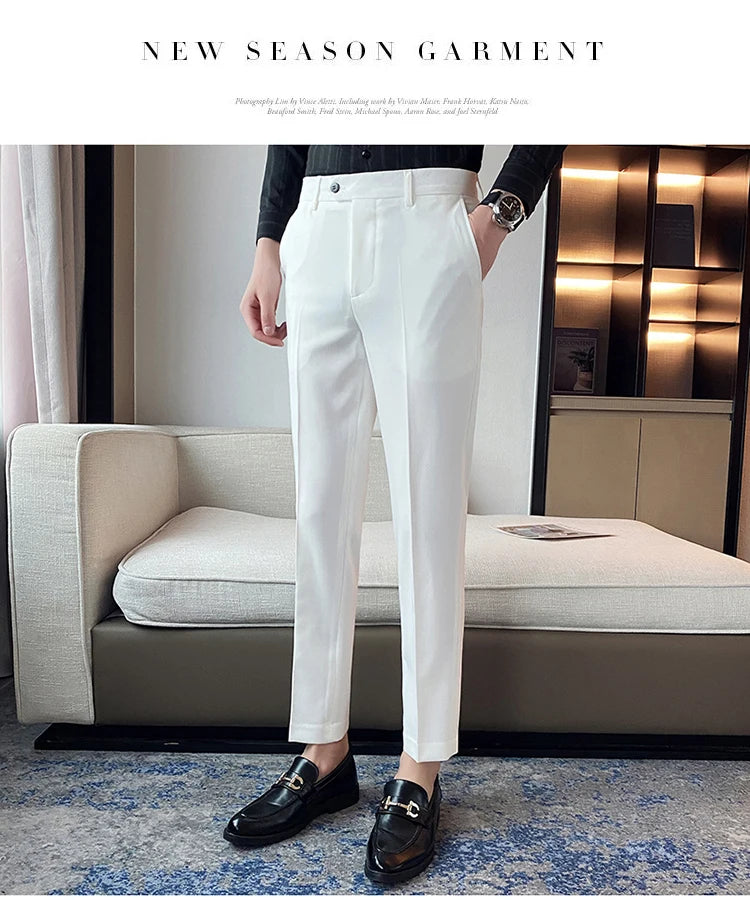 Green Elegant Elastic Mens Social Pants Skinny Cropped White Formal Stretch Pants Mens Trousers Office Slim Fit Party Club 2023