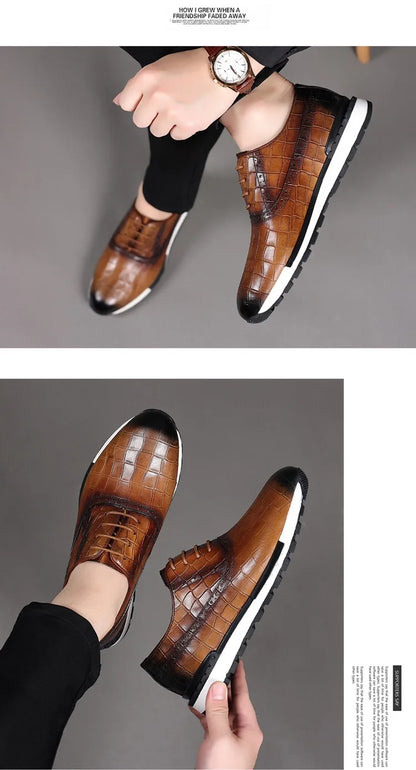 Luxury Business Casual Genuine Natural Cowhide Leather Men's Oxford Sneakers Spring Autumn Crocodile Pattern Anti-slip Footwear