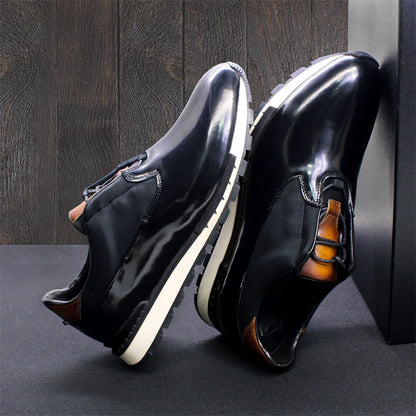 Men's Genuine Leather Casual Shoes Thick Sole Glossy Lace Up Comfortable Handmade Sneakers Dating Marriage Street Men's Shoes