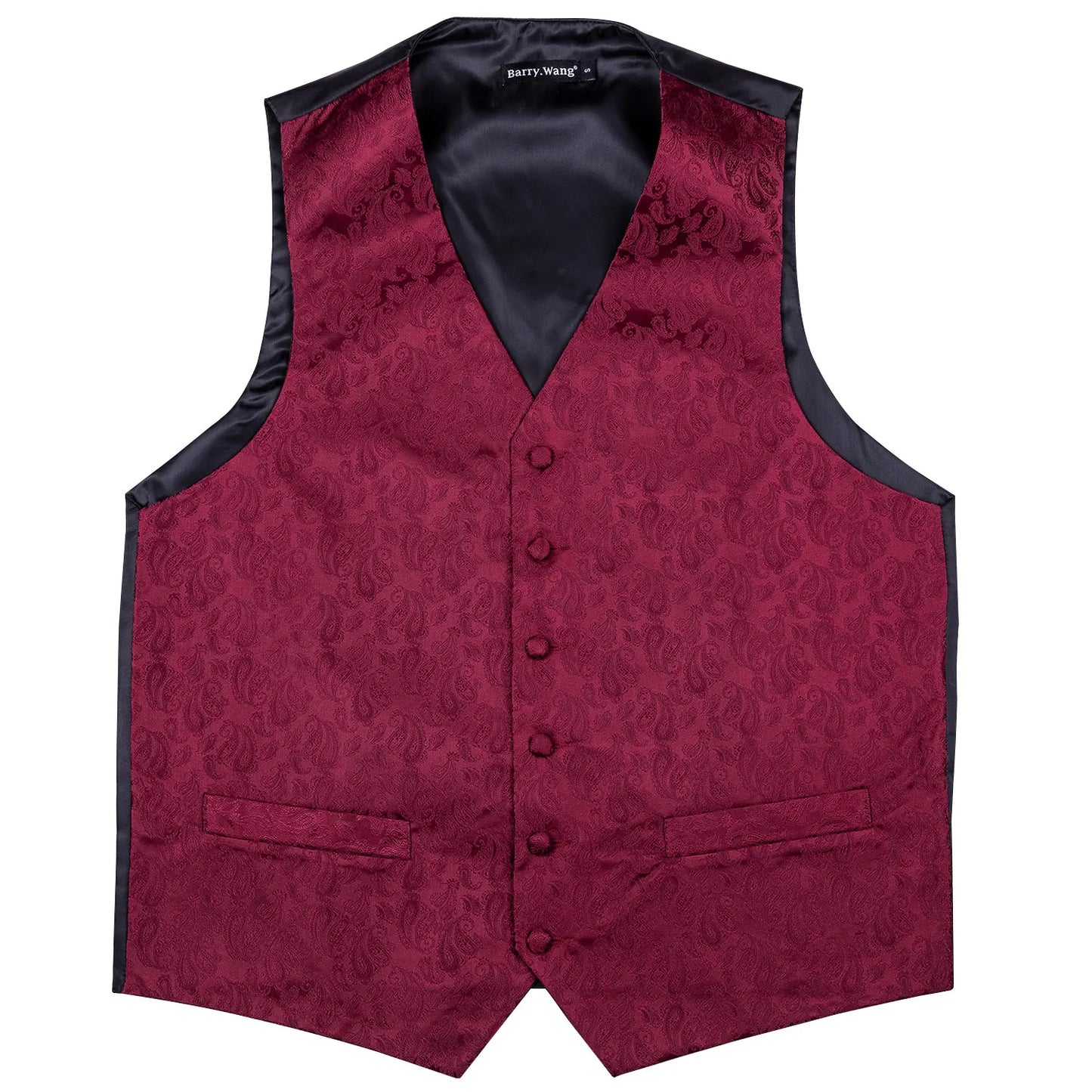 Designer Vest for Men Silk Embroidered Red Burgundy Paisley Waistcoat Tie Pocket Square Set Slim Fit Wedding Suit Barry Wang