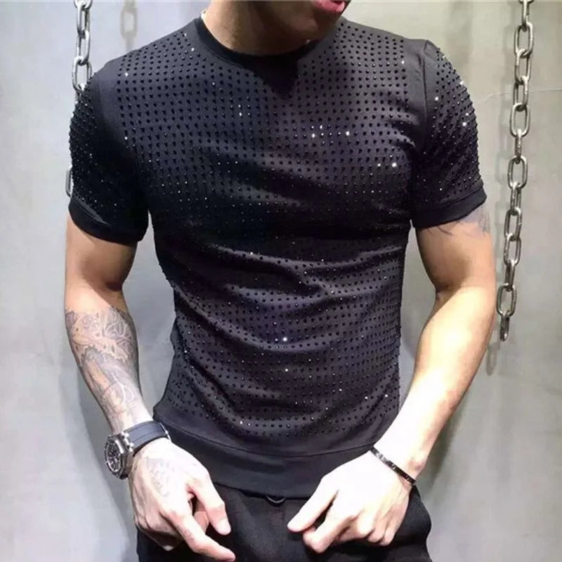 Summer High Quality New  Shiny Round Neck Pure Cotton Slim Heavy Industry Classic Full Diamond Short Sleeve T-Shirt Men