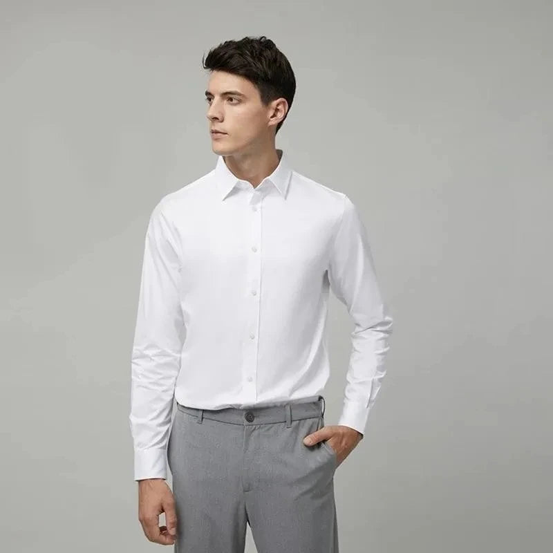 Quality Stretch Men Shirt Bamboo Fiber Long Sleeve Anti-wrinkle Non-ironing Slim Fashion Casual Business Office White Shirt