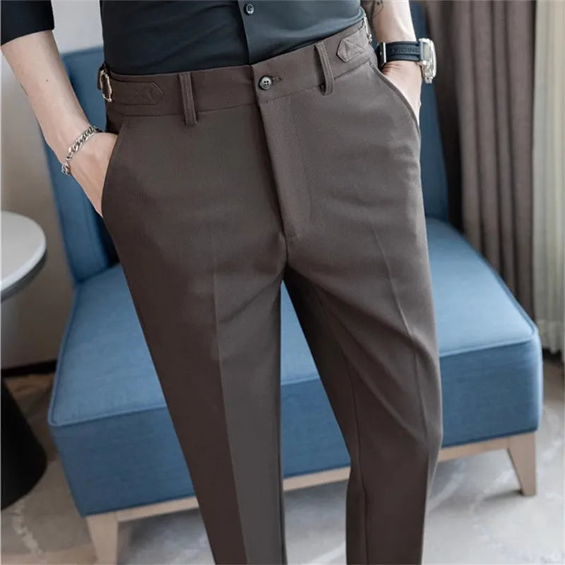 Summer Suit Pants Men Fashion Smart Casual Suit Trousers Slim Fit Wedding Party Formal Dress Mens Solid Color Ankle Length Pants