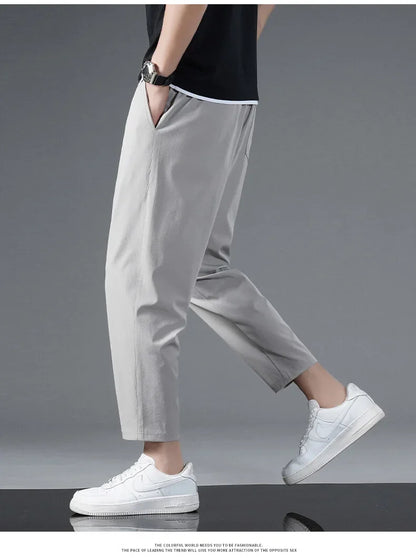 125KG Big Size Summer Ice Silk Crop Pants Men's Elastic Casual Edition Trendy Loose and Quick Drying Sports Large Crop Pants