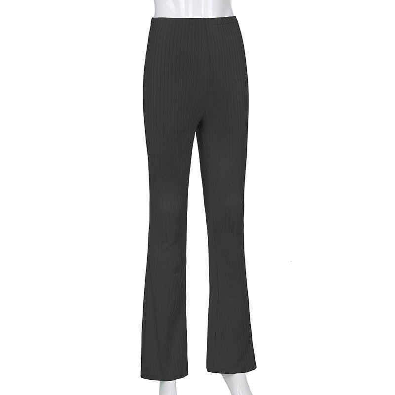 Combhasaki Women's Casual Y2K Basic Chic Elastic High Waist Trousers Sexy Slim Fit Solid Color Sporty Striped Flare Long Pants