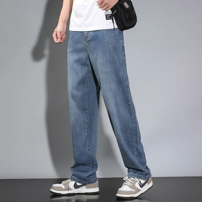 Summer Thin Men's Straight Loose Gray Jeans Soft Fabric Lyocell Fabric Light Colored Casual Pants Male Brand Trousers