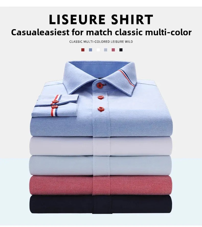 Men's Long Sleeve Oxford Striped Casual Shirt Front Patch Regular-fit Button Down Collar Dress Shirts Camisetas Men Clothing