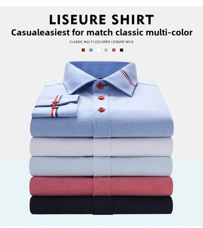 Men's Long Sleeve Oxford Striped Casual Shirt Front Patch Regular-fit Button Down Collar Dress Shirts Camisetas Men Clothing