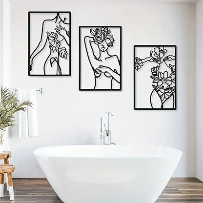 Set of 3 Minimalist Abstract Woman Wall Art Metal Line Drawings for Home Decor Elegant Accents for Bedroom Kitchen, & Bathroom