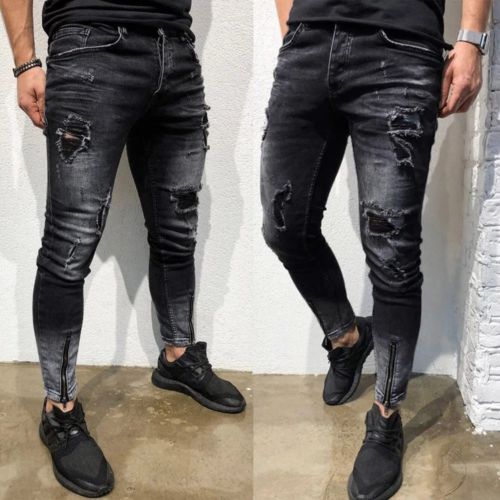 Tight Men'S Denim Jeans Mens Skinny Stretch Denim Pants Distressed Ripped Freyed Slim Fit Jeans Trousers Mens Pantalon Homme