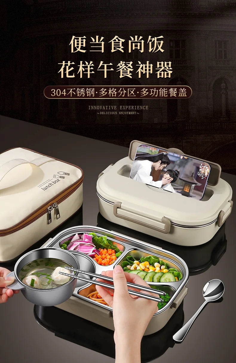 304 stainless steel compartment insulated lunch box office worker students sealed portable bento Microwae Heating food container